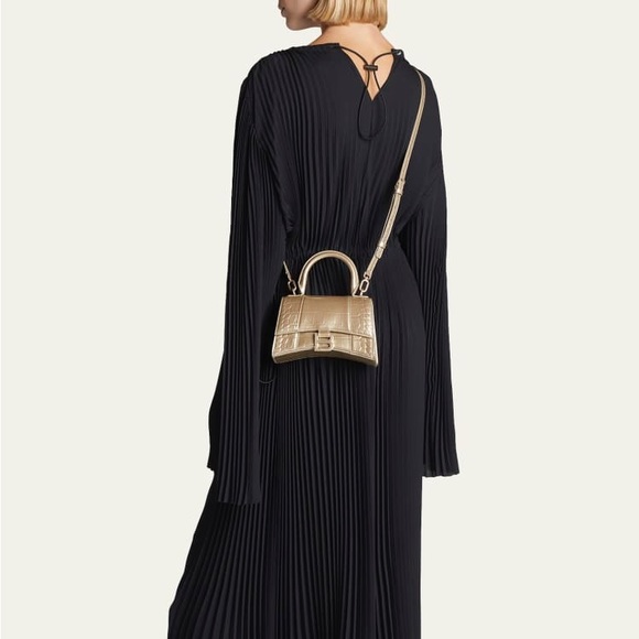 Balenciaga Hourglass XS Metallic Croc-Embossed Top-Handle Bag in Light Gold - Picture 3 of 11